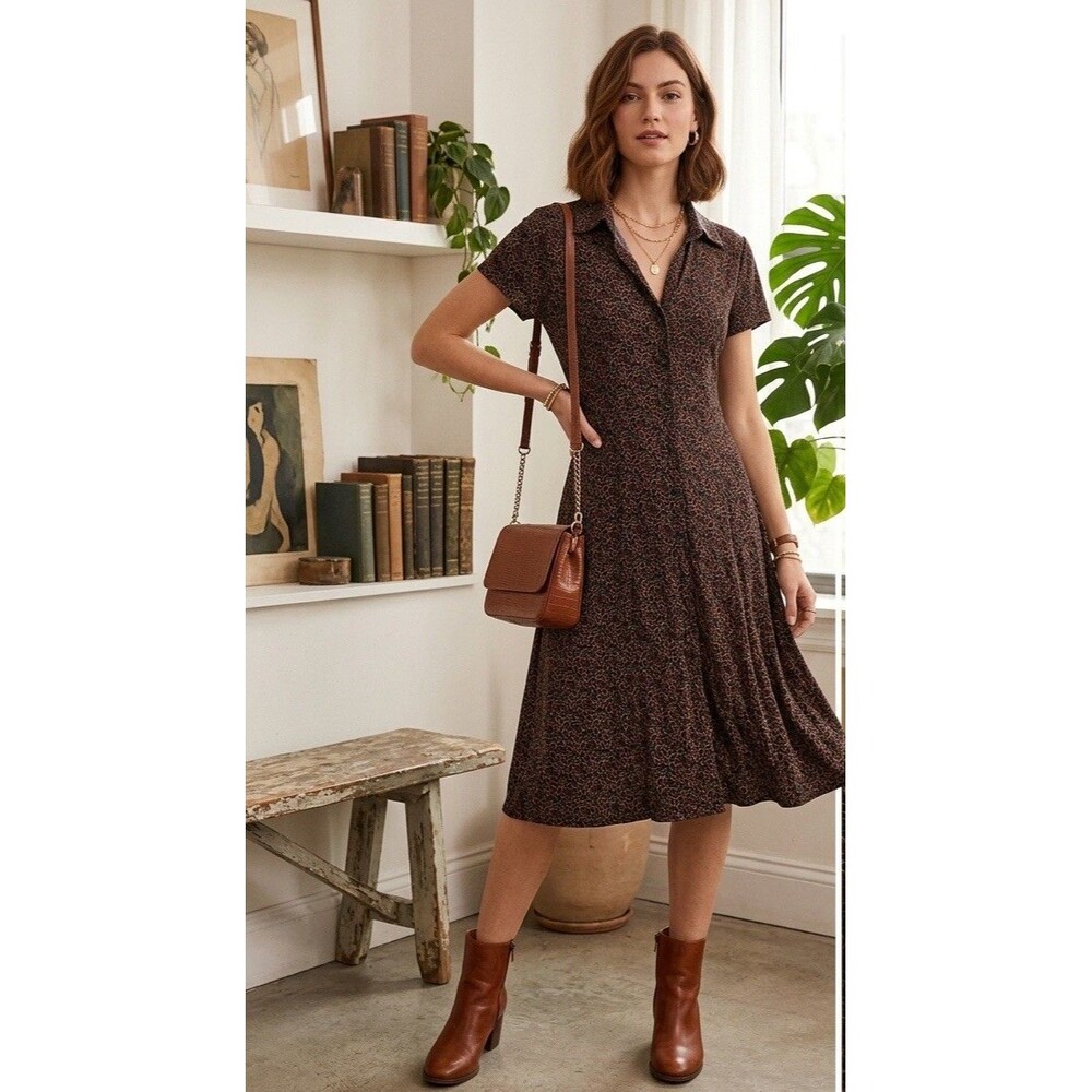 Van Heusen Office Work Casual Dress Brown Tan Burgundy Size 10 Short Sleeve
